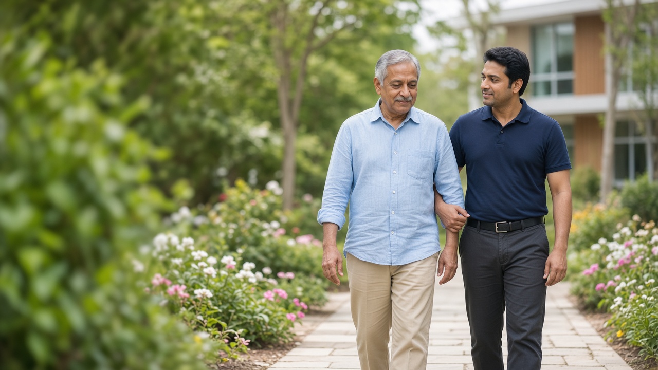 A man walking slowly in a garden while a physiotherapist walks beside him after heart surgery.