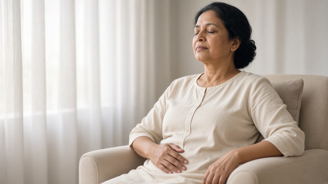 A woman sitting upright with one hand resting on her belly while she breathes.