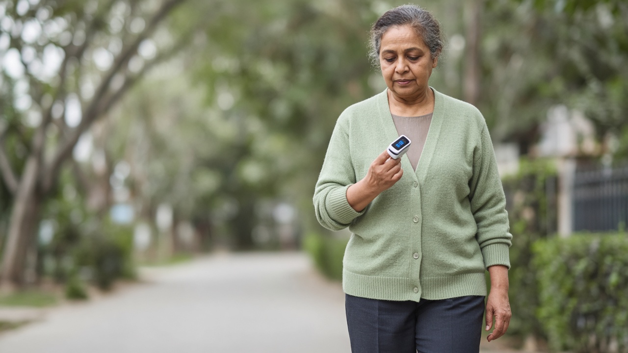 A woman walking at a steady pace while checking a fingertip pulse oximeter.