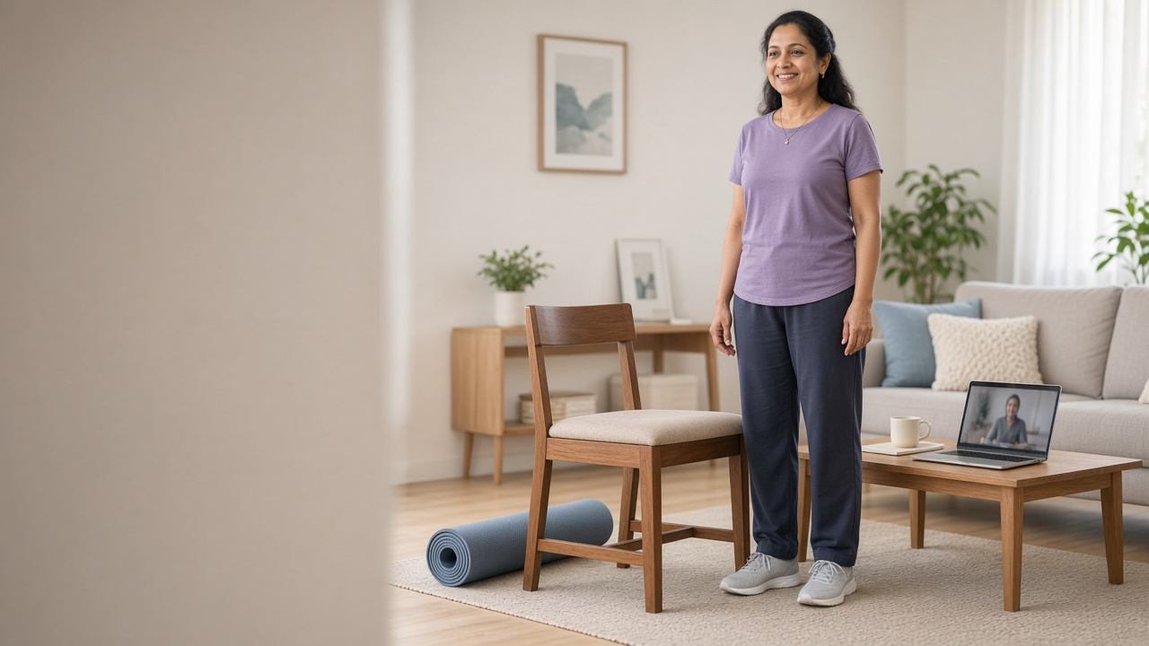 A woman standing in a clear living room, ready for a live online rehabilitation session on a laptop.