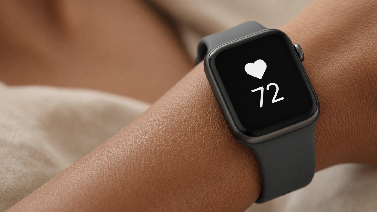 A close-up of a wrist wearing a smartwatch that shows a heart rate.