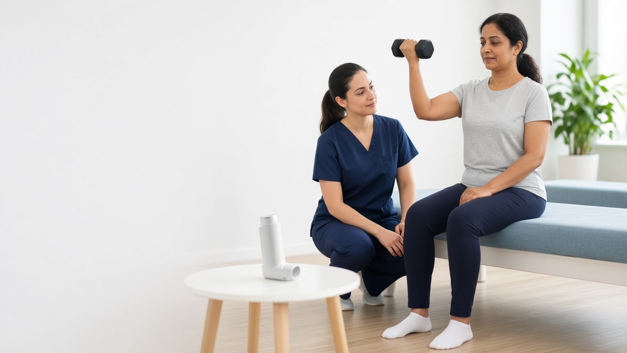 A woman doing a light seated exercise while a physiotherapist supervises, with an inhaler nearby.