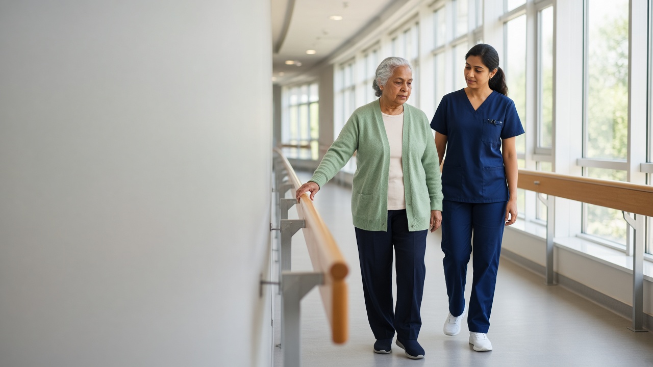 An older woman walking slowly in a bright corridor with a physiotherapist beside her.