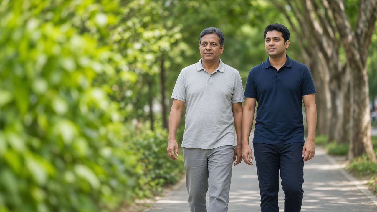 A man walking gently outdoors while a physiotherapist walks beside him.