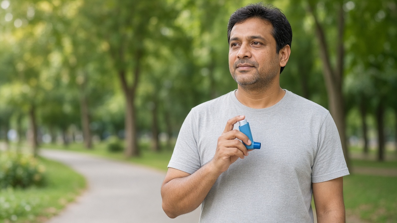 A man pausing on a path, holding an inhaler before a gentle walk.