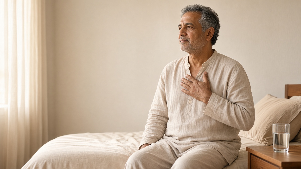 A man sitting upright on the edge of a bed in morning light, one hand resting on his chest.