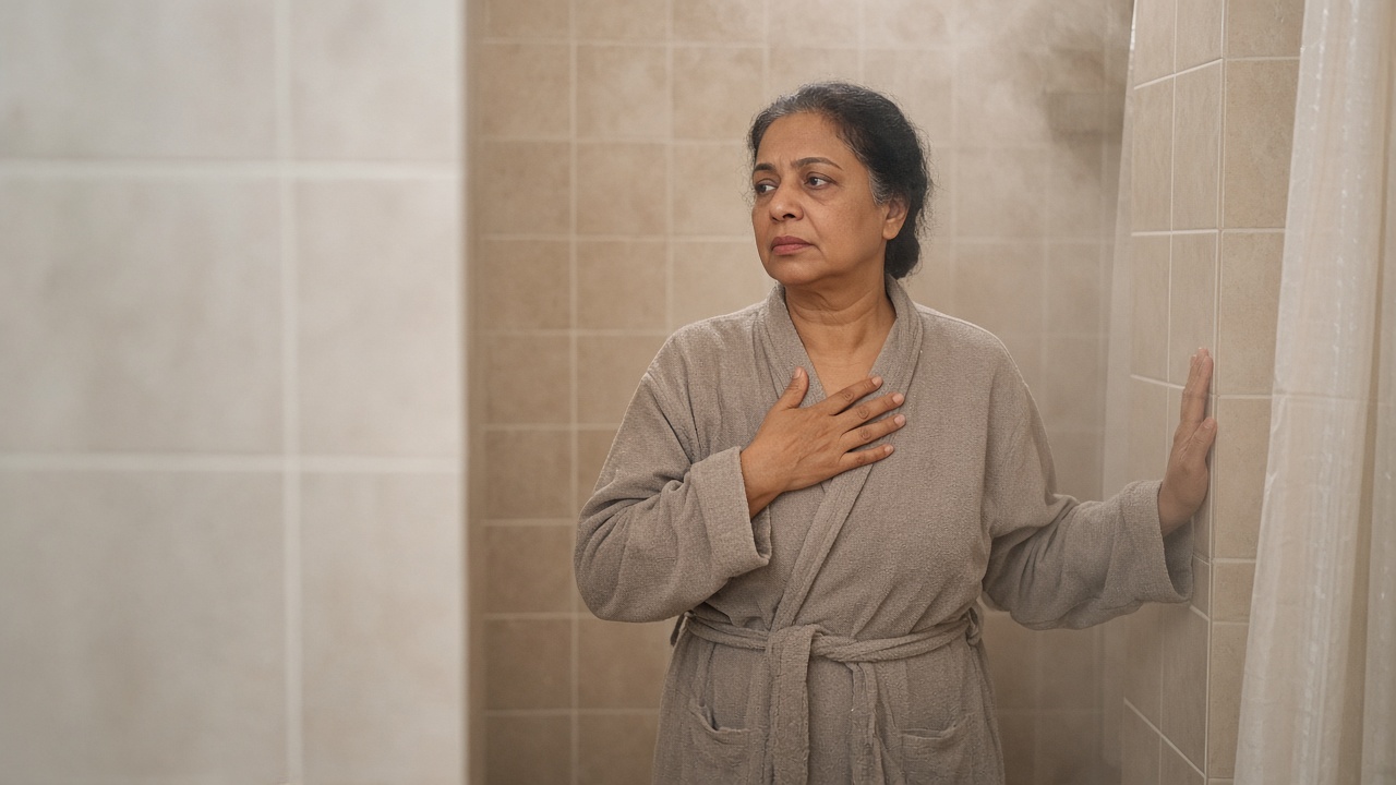 A woman in a robe pausing in a steamy bathroom, one hand on her chest.