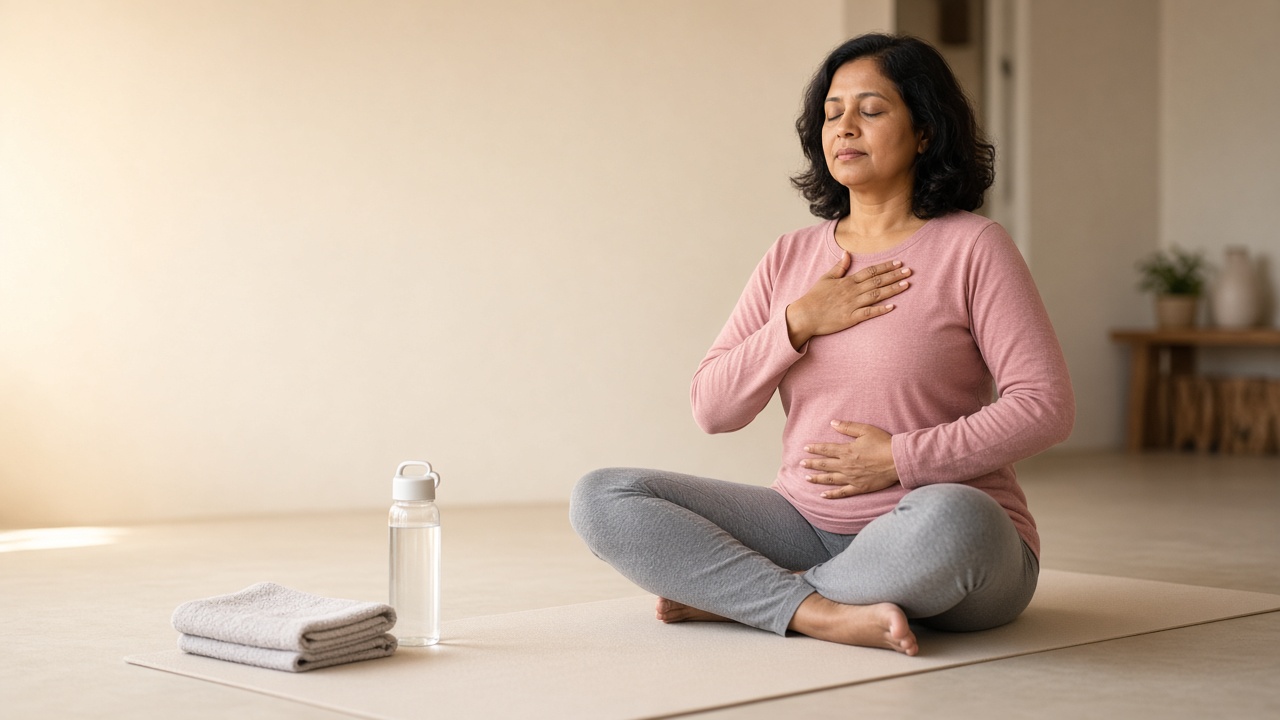 A woman sitting calmly on a yoga mat at home, one hand on her chest and one on her belly.