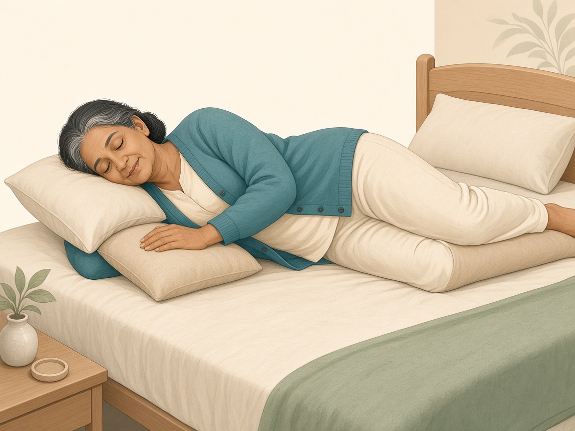 A woman lying fully on her side in bed, with pillows supporting her head and shoulder, upper arm, and upper leg.