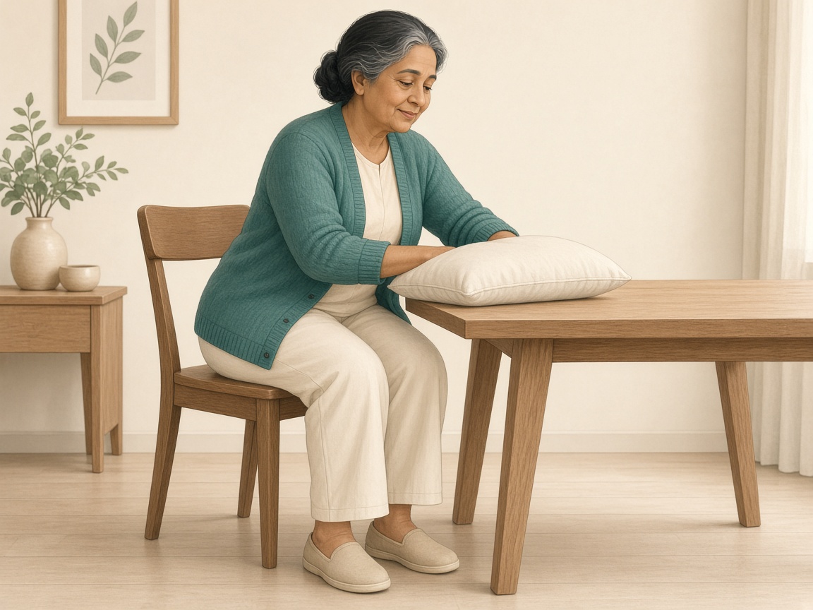 A woman sitting close to a table, leaning forward with both forearms resting on a pillow.