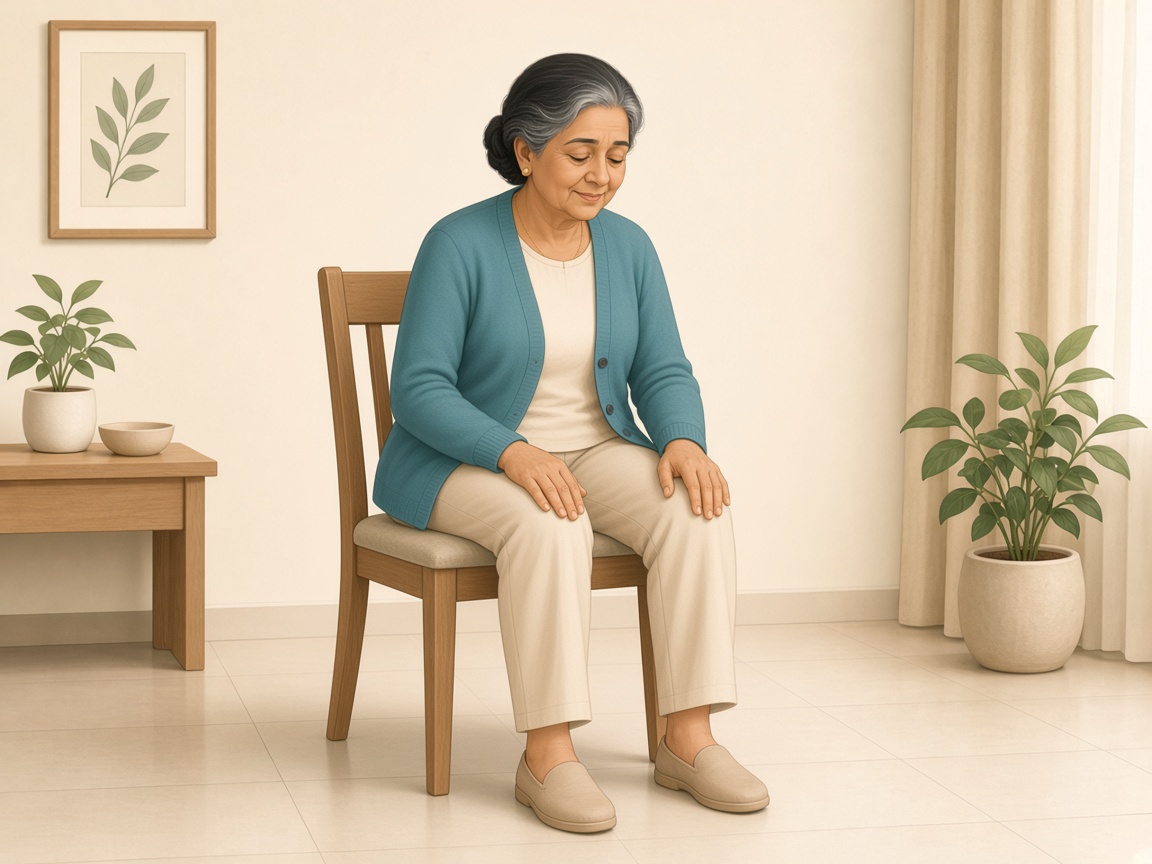 A woman sitting on a stable chair, leaning slightly forward with her hands resting on her thighs, shoulders and jaw relaxed.