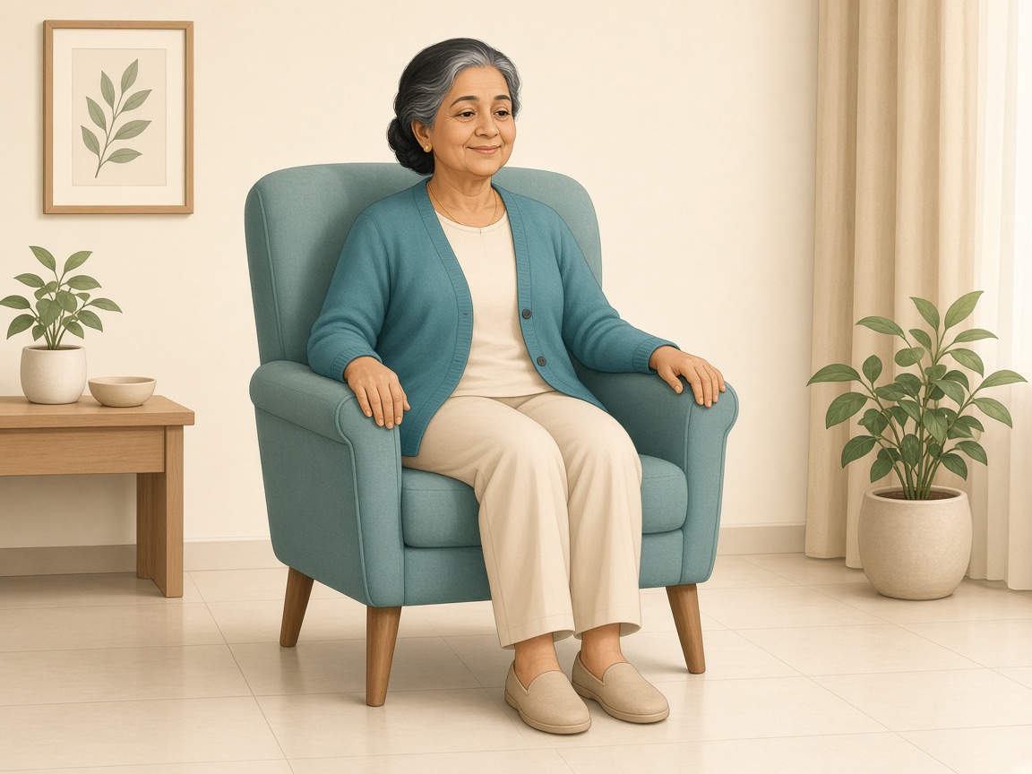 A woman sitting upright in an armchair with her back supported, feet flat on the floor, and arms resting on the armrests.