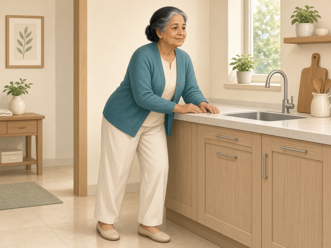 A woman standing with feet apart, leaning slightly forward with both forearms supported on a kitchen counter.