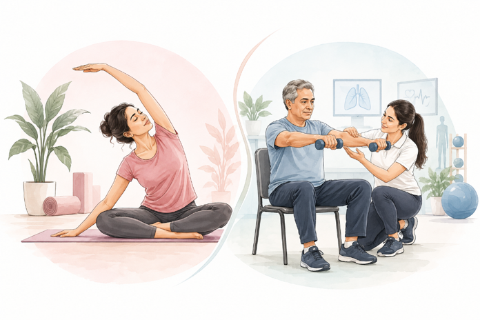 Illustration of a woman practising a seated yoga stretch beside an older man doing supervised dumbbell exercise with a physiotherapist in a clinic.